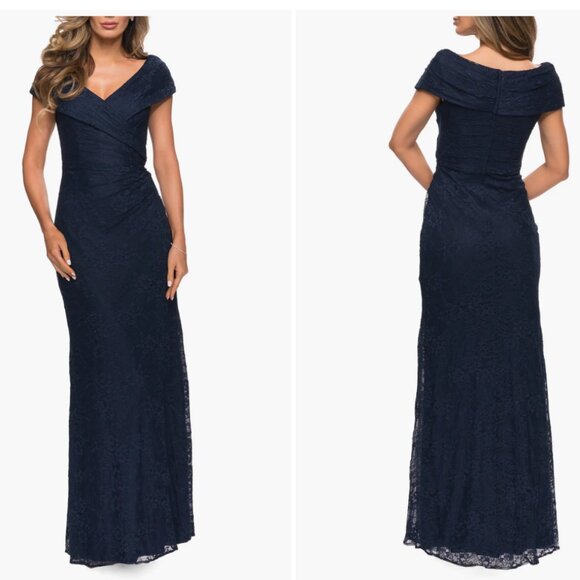 Lace Off The Shoulder Cap Sleeve Evening Dress La Femme - Picture 1 of 8